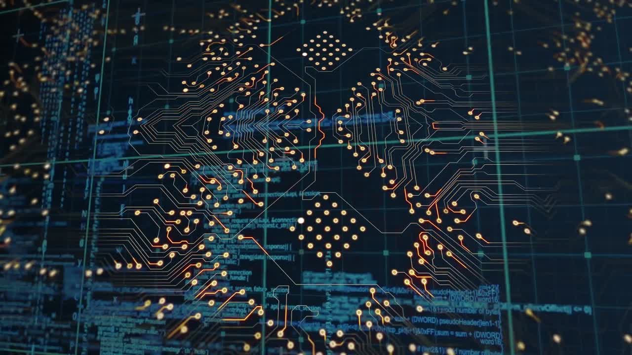 파란색 배경에 있는 마이크로프로세서 연결에 대한 그리드 네트워크를 통해 데이터 처리를