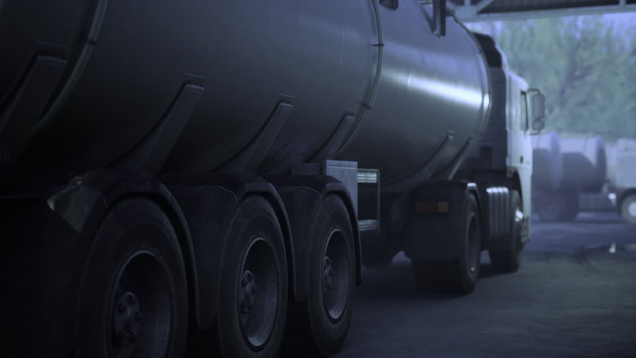 camión de servicio pesado estacionado dentro de un almacén durante las primeras horas de la mañana