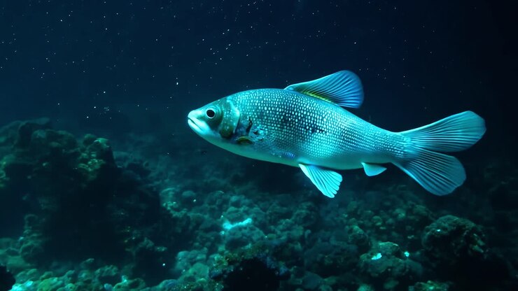 Fish swimming in a dark underwater scene