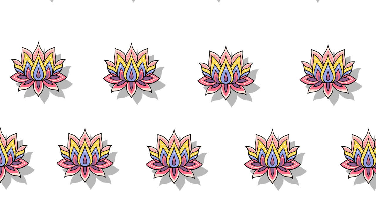 Composizione di righe di fiori di loto che si muovono su sfondo bianco