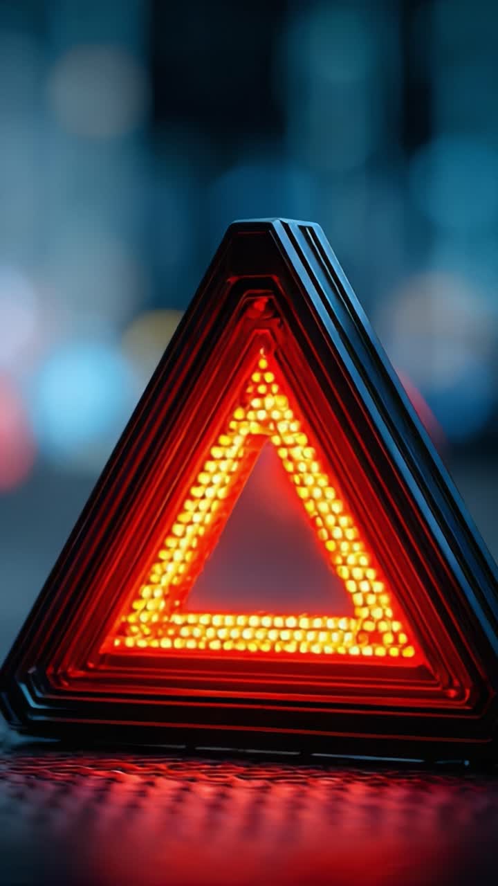 An illuminated red warning triangle displayed prominently against a blurred urban backdrop, symbolizing caution or an emergency situation on the road