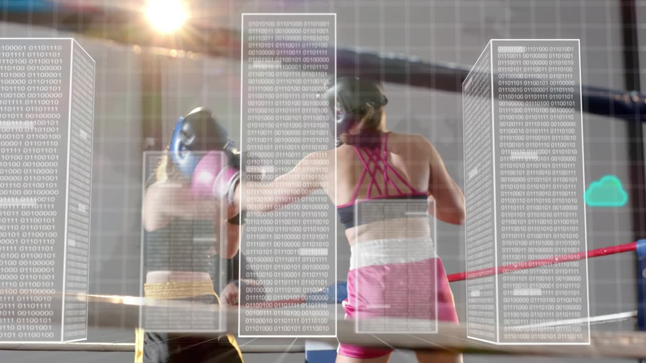 Left boxer launching jab, boxers sparring for training in boxing ring, coach watching, HUD growing