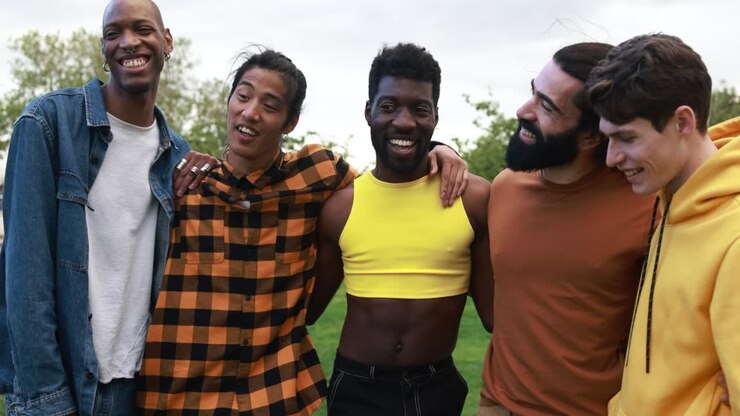 Young diverse men having fun laughing together at city park
