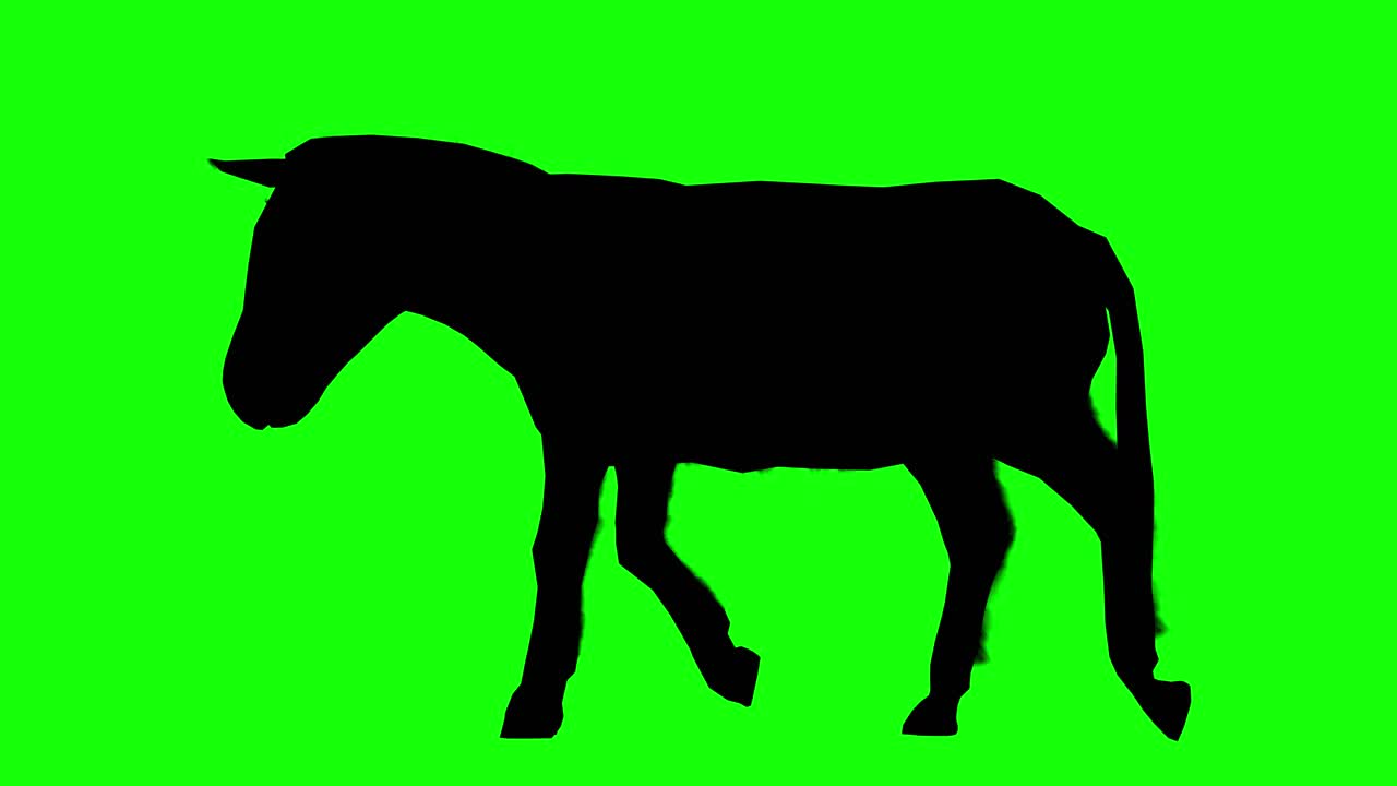 Silhouette of a donkey walking on green screen, side view