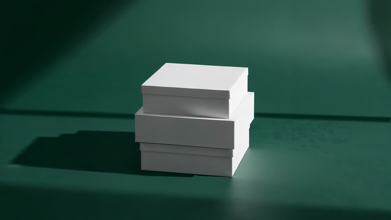 At seventh second lid on white boxes opening then closing on dark green tabletop, backdrop