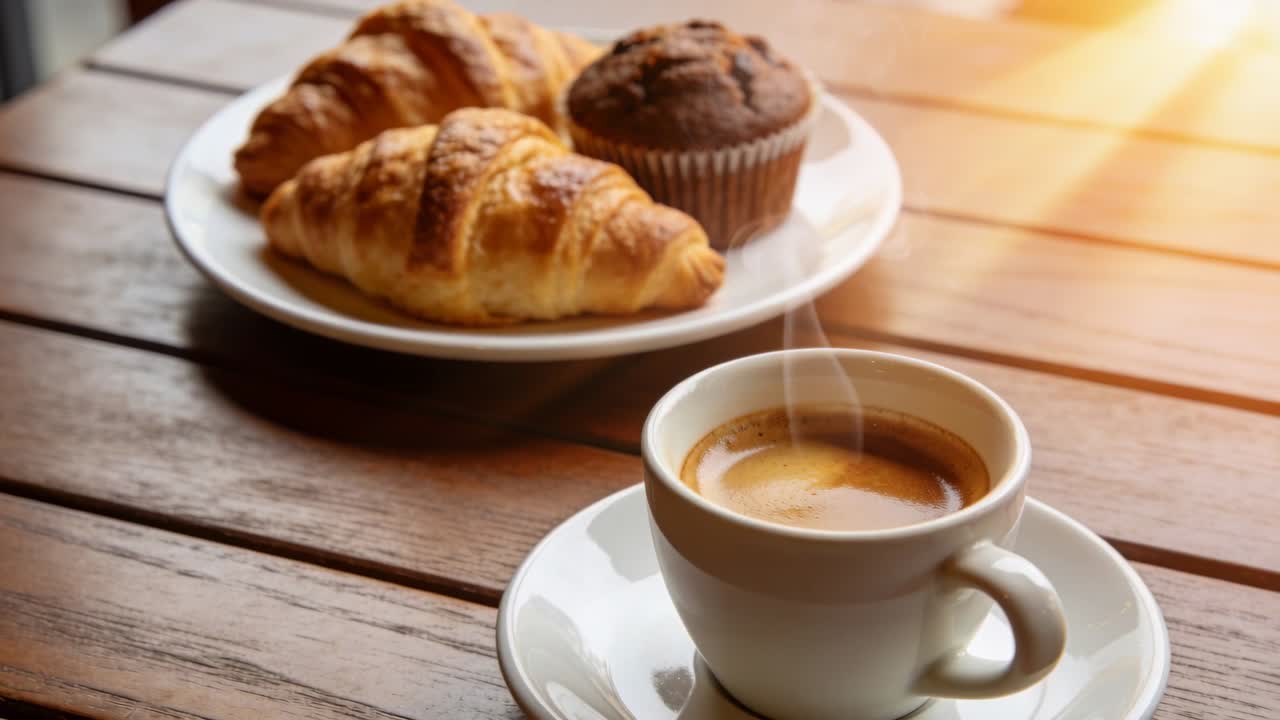 Xícara de espresso branca fumegante recém-servido em mesa de madeira na janela de um café, doces, espaço para texto.