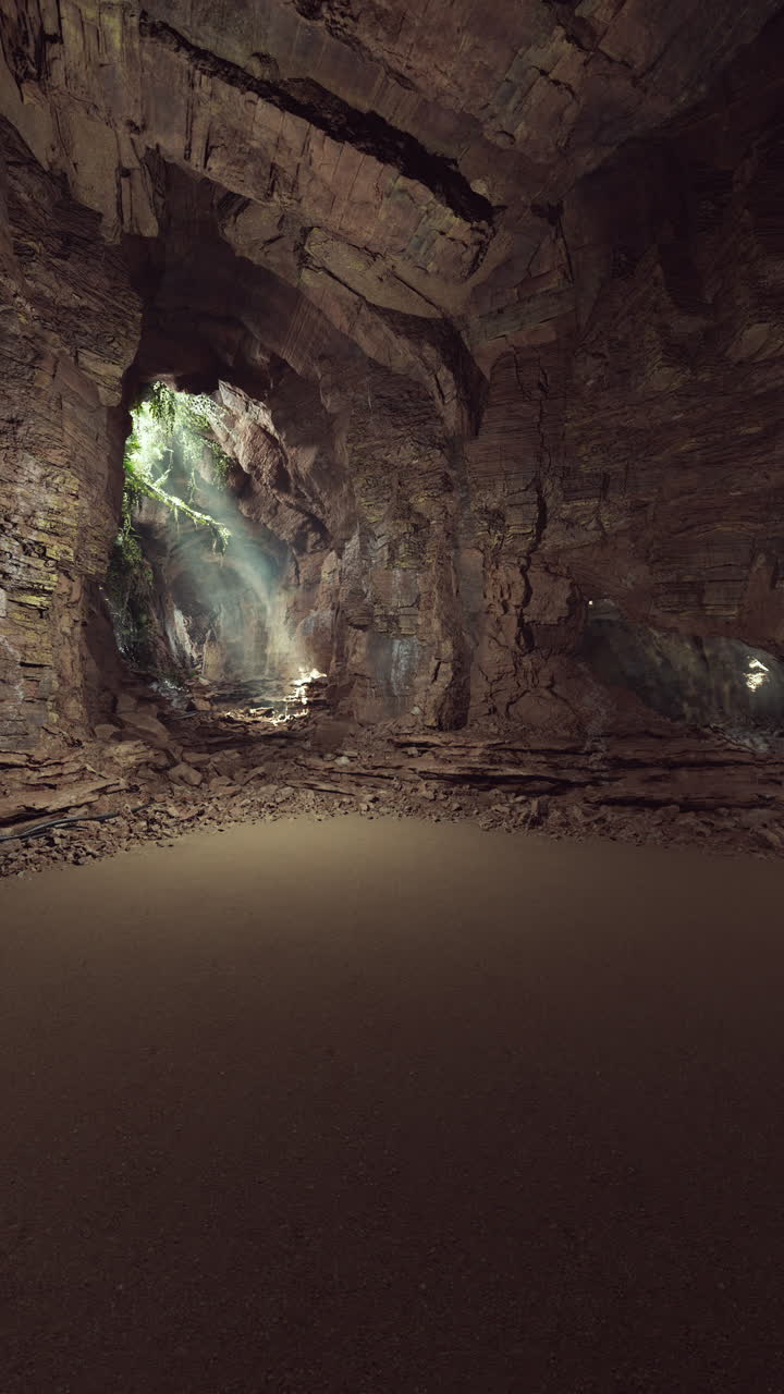 un rayo de sol brillando a través de la entrada de una cueva