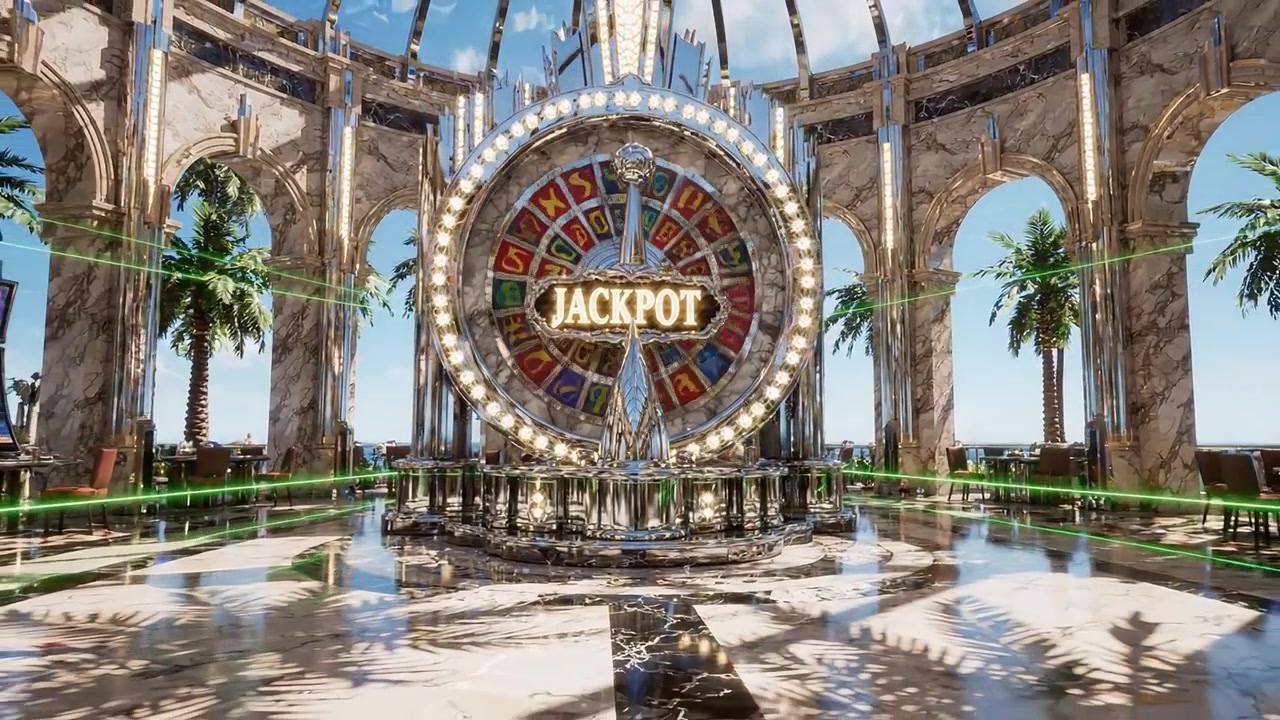 Una Visuale Mozzafiato di un Grande Interno di Casinò con una Maestosa Ruota del Jackpot Circondata da Arredi Lussuosi e Viste Mozzafiato sull'Oceano