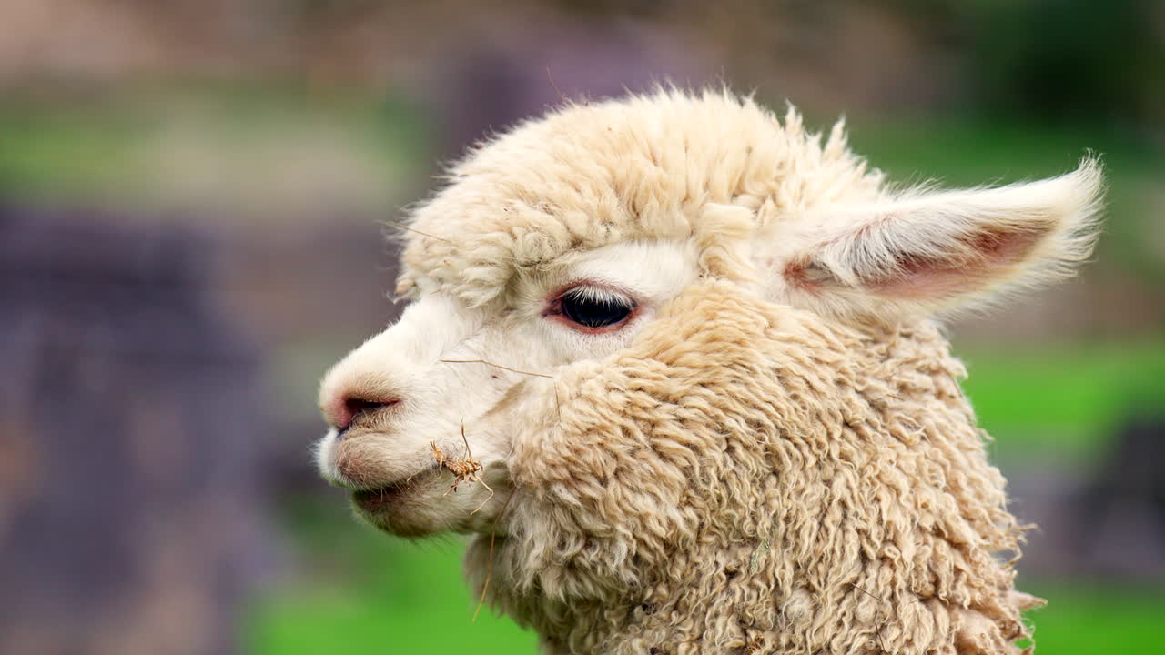 Bellissimo primo piano di un soffice alpaca bianco con lana spessa in piedi sull'altopiano peruviano. Scatto commerciale di un animale locale in Perù che mostra una morbida texture della fibra e un'espressione curiosa