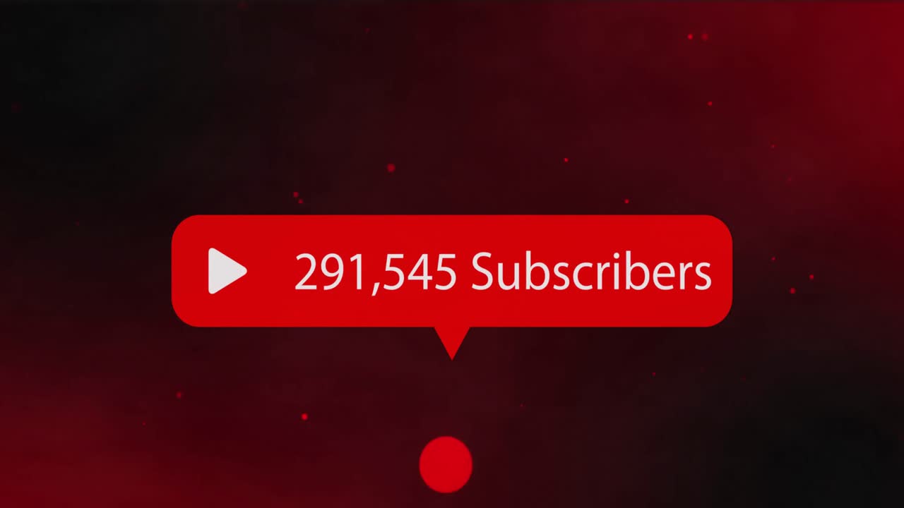 Animation of red speech bubble with number of subscribers over red spots and clouds of smoke