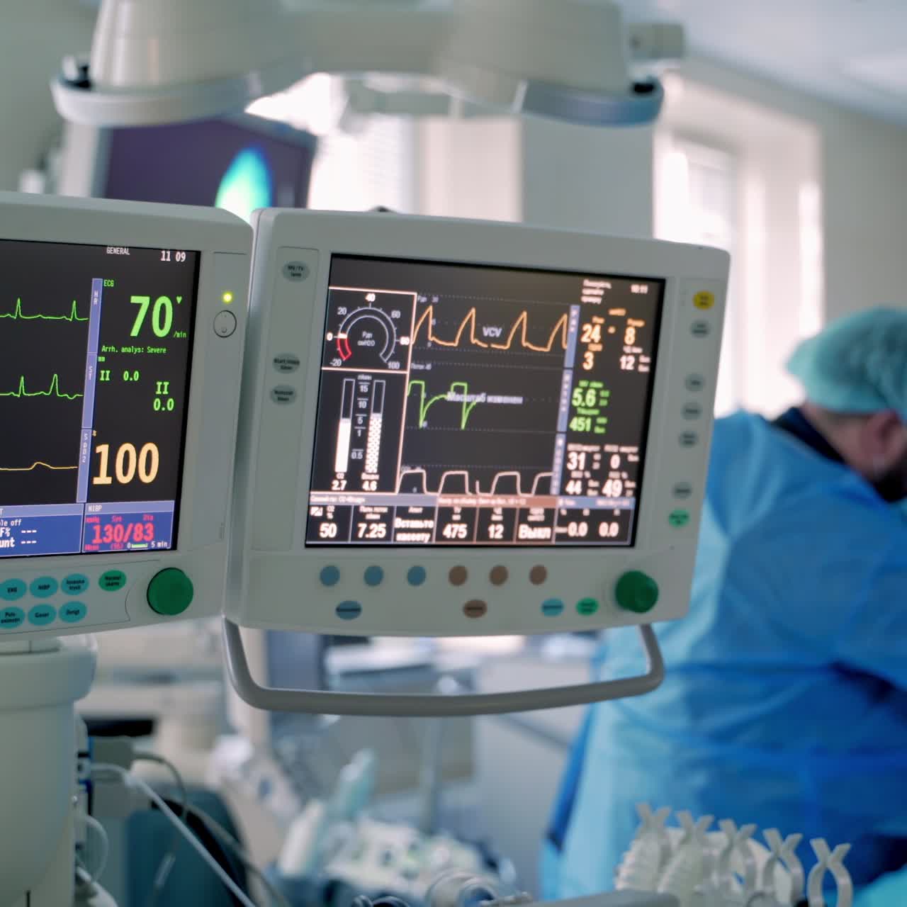 Mechanical ventilation equipment. Ventilation of the lungs with oxygen. Group of surgeons in operating room with surgery equipment.