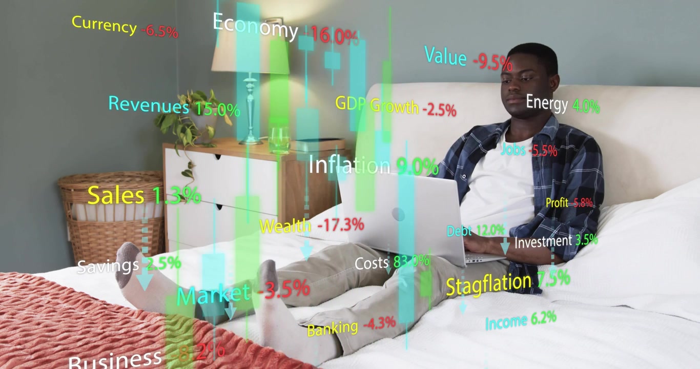 Man typing on laptop on bed, activating animated financial charts tracking inflation and GDP growth