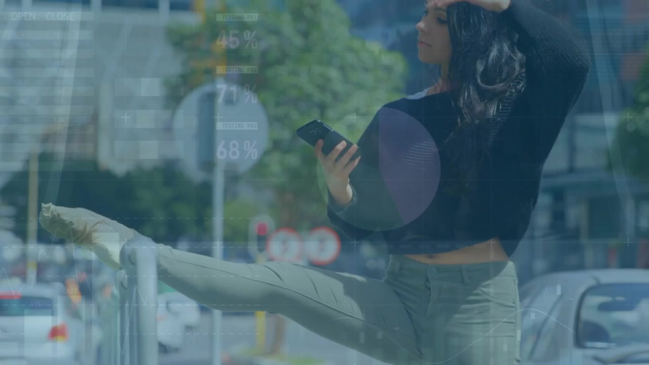 Animación de procesamiento de datos financieros sobre una bailarina de ballet usando un smartphone