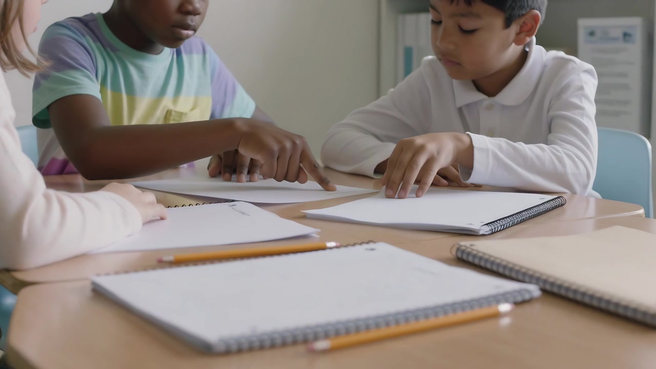 Pointing center-left boy guiding peers at classroom table, right boy flipping spiral notebook