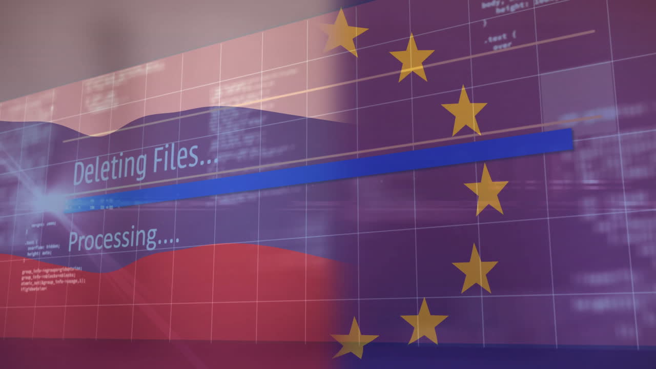Deleting files, processing text with animation over European Union flag in school