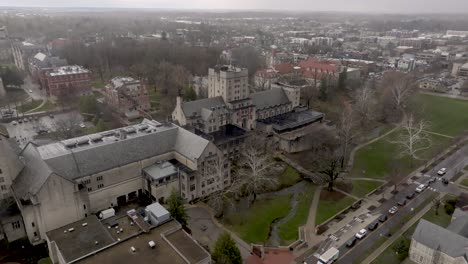 Indiana-University-Memorial-Union-building-on-the-campus-if-Indiana-University-in-Bloomington,-Indiana-with-drone-video-moving-forward