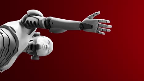 prototipo de cyborg humanoide moviendo el brazo y mostrando la palma de la mano espacio vacío para agregar objeto, fondo rojo, inteligencia artificial escenario de tarea futurista 3d renderización de animación vista de bajo ángulo