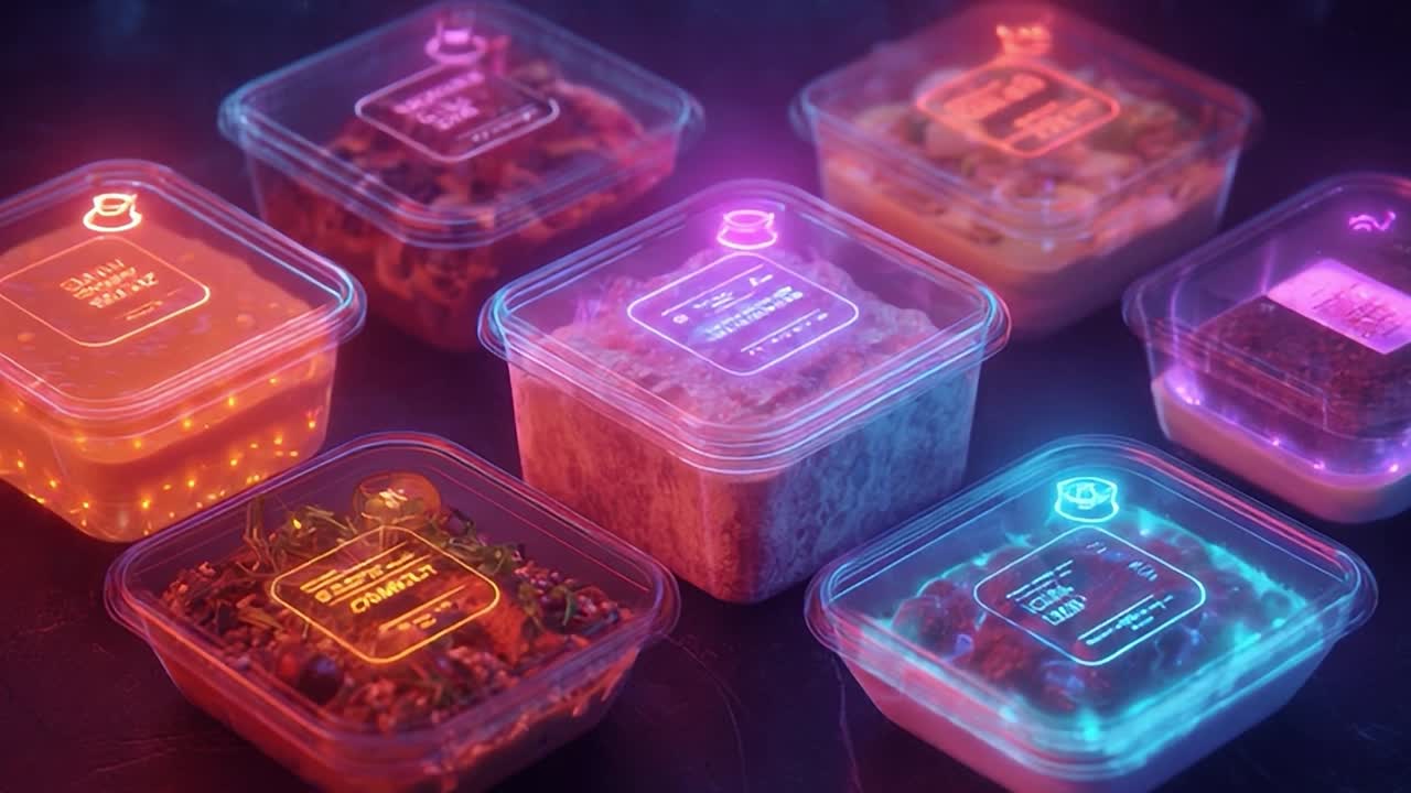 Contenitori per alimenti ben illuminati che mostrano moderne opzioni per i pasti di sera