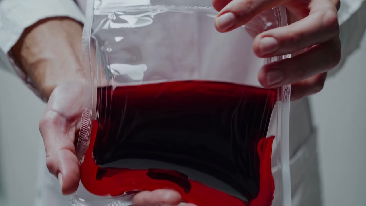 Close-up video shot of hands in white coat handling a transparent bag of red liquid