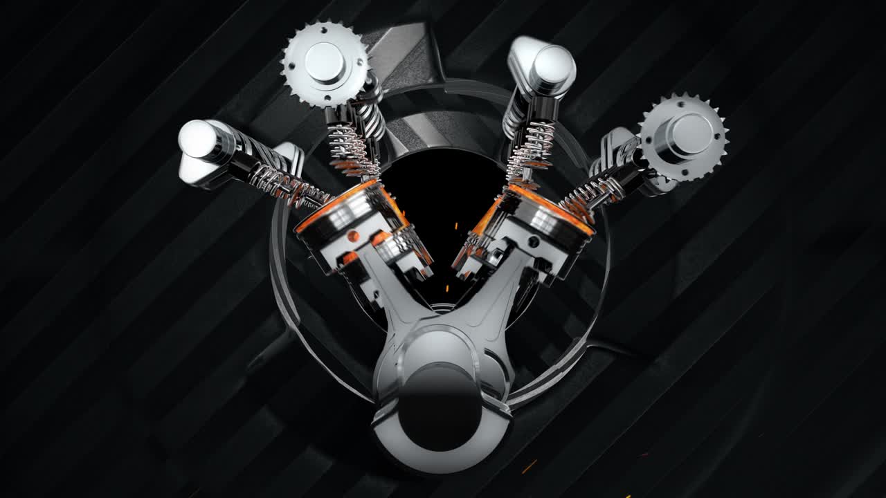 animación del motor v8 con explosiones y chispas. máquinas giratorias en el fondo - bucle