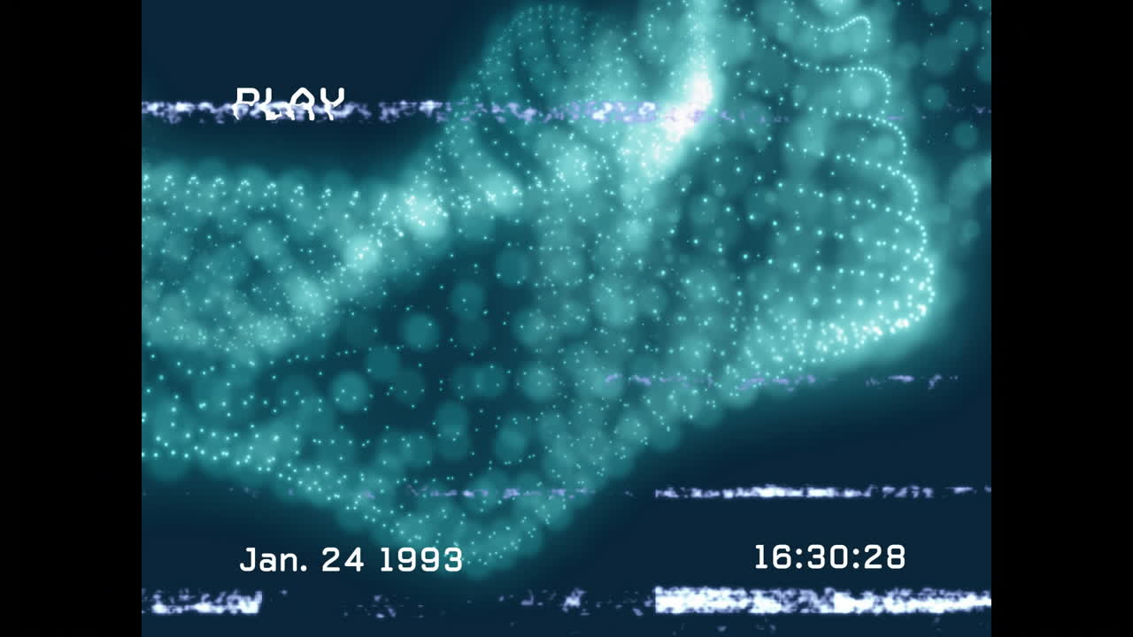 Animation of glowing particles and digital noise with retro timestamp in school