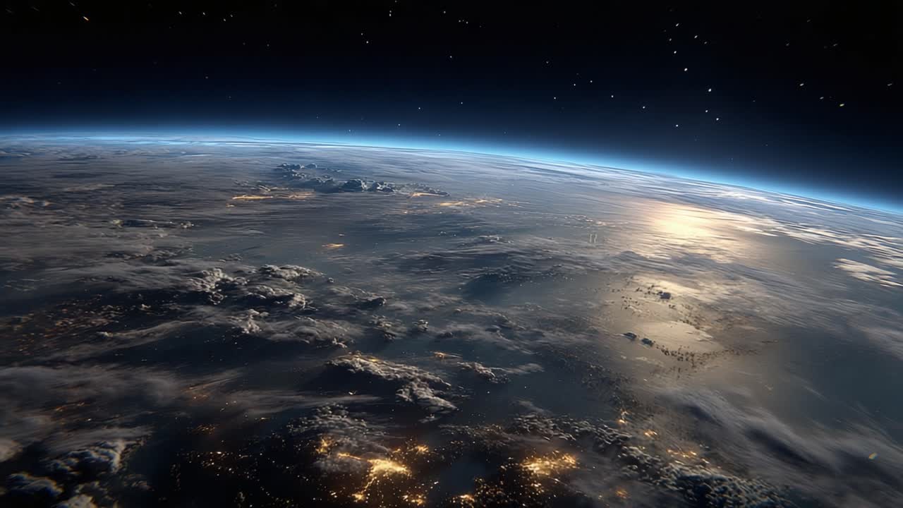 A Stunning View of Earth from Space, Showcasing a Breathtaking Perspective of the Planet's Surface, Clouds, and Glimmers of City Lights at Night