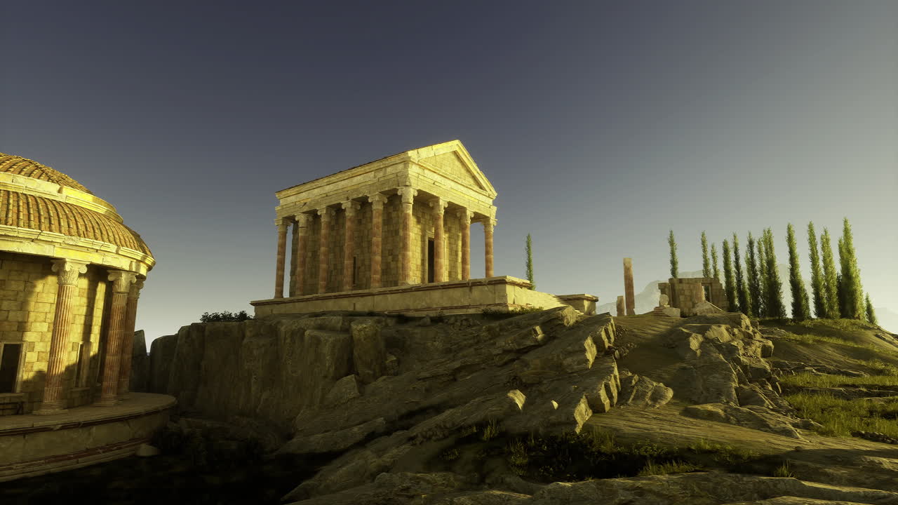 Antiche rovine su terreno roccioso sotto un cielo limpido al tramonto