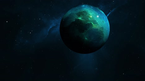 planeta verde, nebulosa de gás e poeira no cosmos.