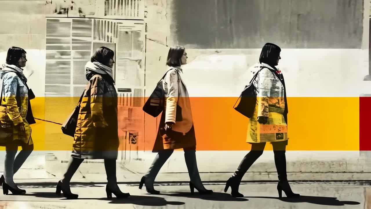 Artistic video concept with a side profile angle showing a woman walking in a collage style