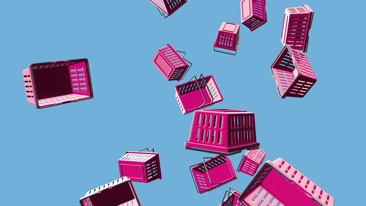 Purple plastic shopping baskets on pale blue background.