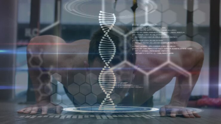Animazione di un'elica di DNA su un uomo muscoloso che si allena.