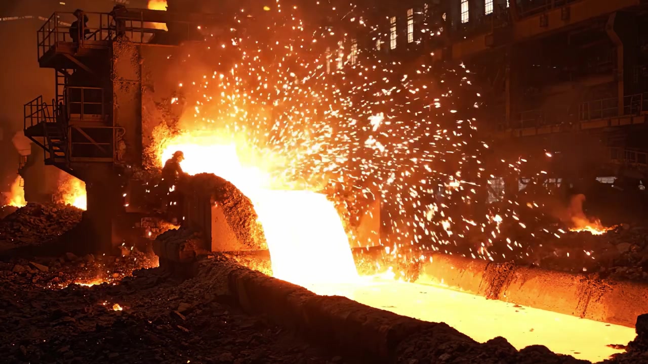Il metallo fuso scorre attraverso un'acciaieria con calore intenso e scintille mentre gli operai gestiscono il pericoloso ma affascinante processo industriale di produzione dell'acciaio