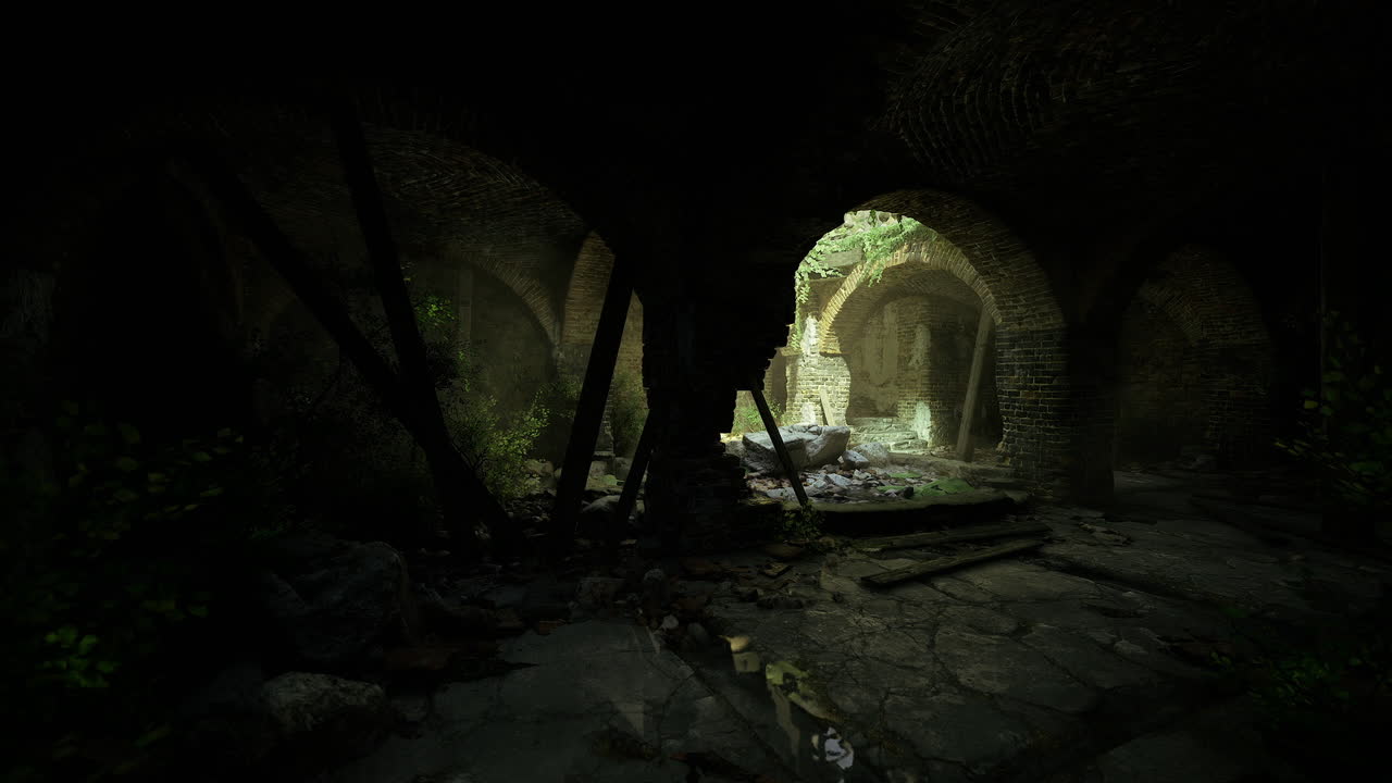 Arco de adega desgastado pelo tempo com relíquias espalhadas e superfícies texturizadas.