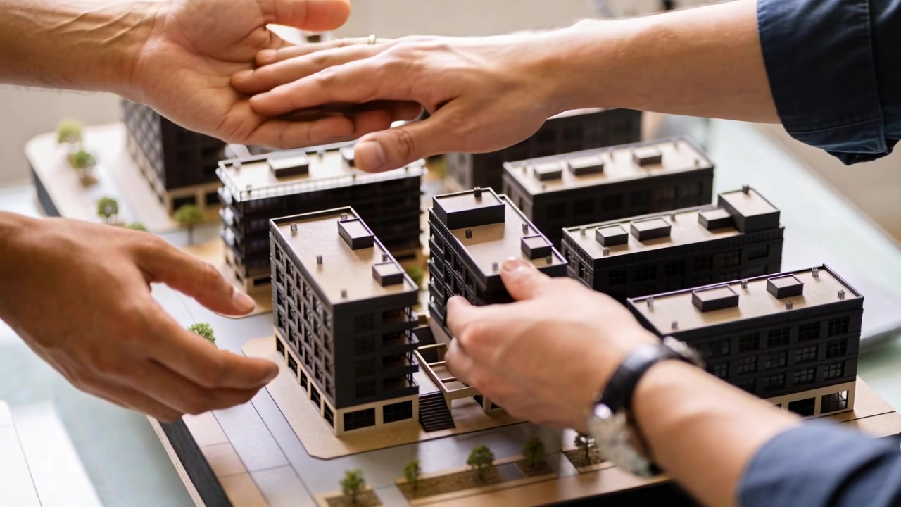 Equipo líder trayendo módulos y alineando edificios modulares en una maqueta de mesa, con mangas largas, para su revisión.