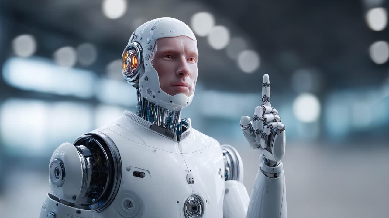 A futuristic humanoid robot stands confidently in a modern environment, pointing upwards with an intention to communicate or signal important information