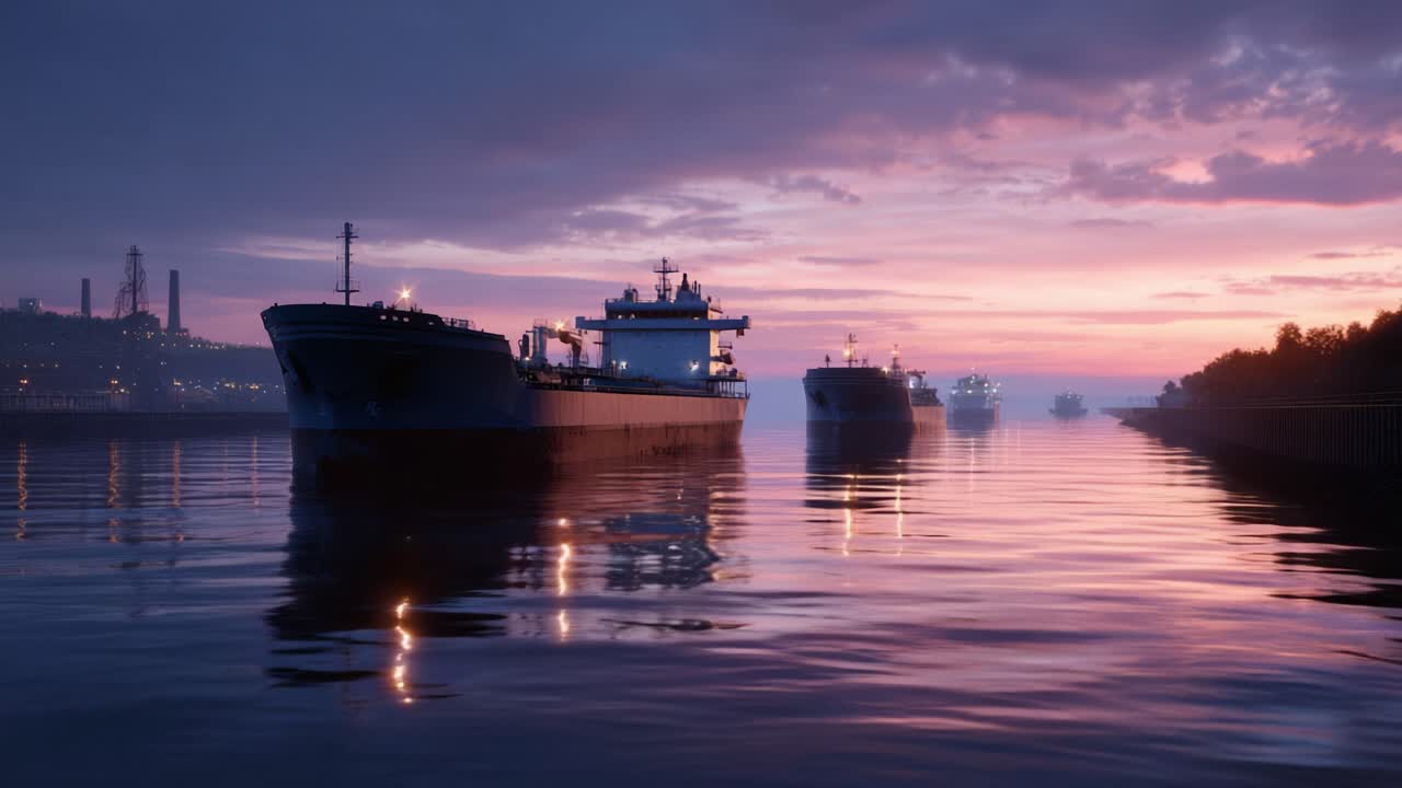Sunrise over calm water reflects large cargo ships. Industrial port background with silhouetted cranes. Serene, peaceful scene captures early morning stillness. Ideal for travel, logistics