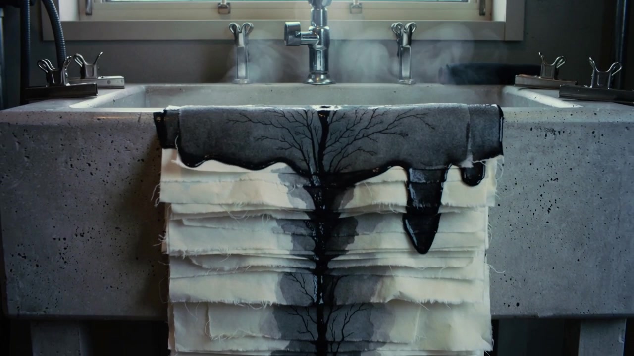 Pooling dripping viscous black liquid soaking stacked white towels over concrete sink