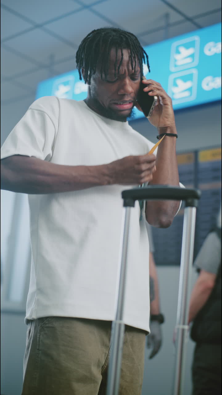 Man Checking Passport and Boarding Pass at Airport