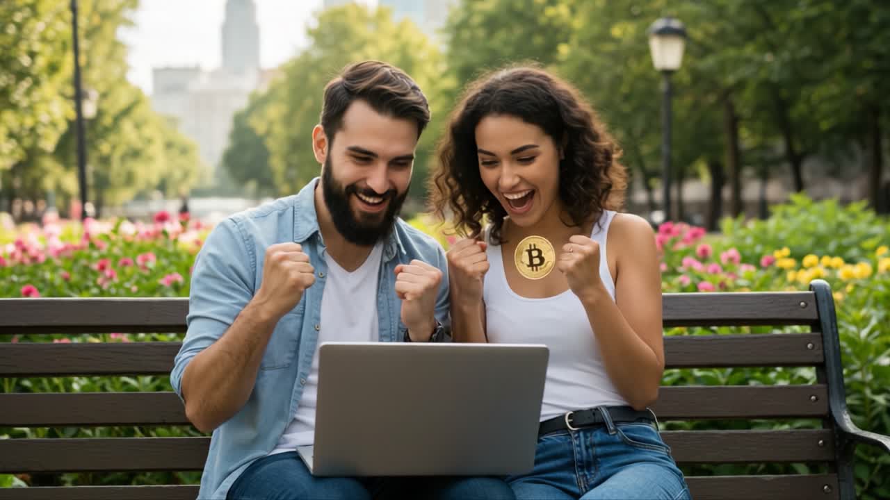 Happy Couple Celebrating Bitcoin Success on Laptop in Park