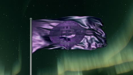 bandera de bitcoin en el espacio con aurora boreal