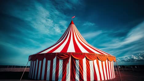 a large red and white striped circus tent under a cloudy sky