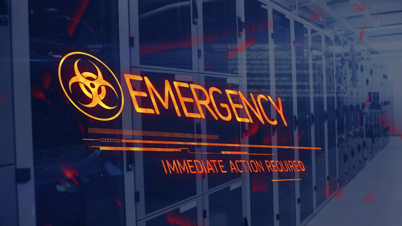 Biohazard symbol animation alerting in server room, indicating emergency situation