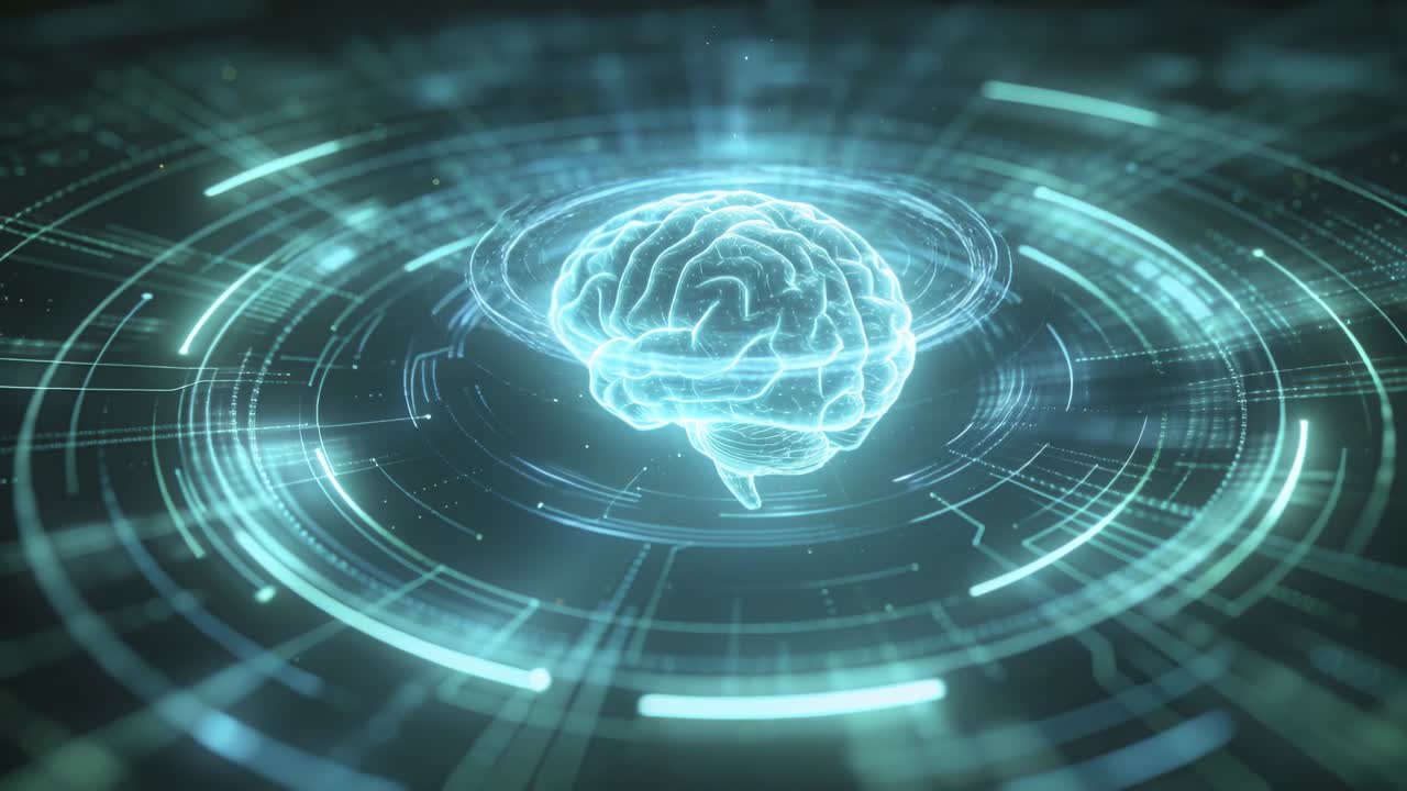 Getting activation pulse, hologram brain stabilizing over digital platform, with rotating HUD rings