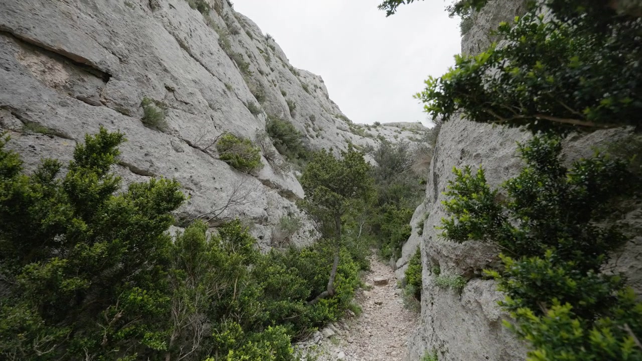 A camera pan along a hiking trail through the green underbrush near very steep and tall rock faces. The white rock faces stretch high up toward the sky. The sky is dramatically cloudy.
