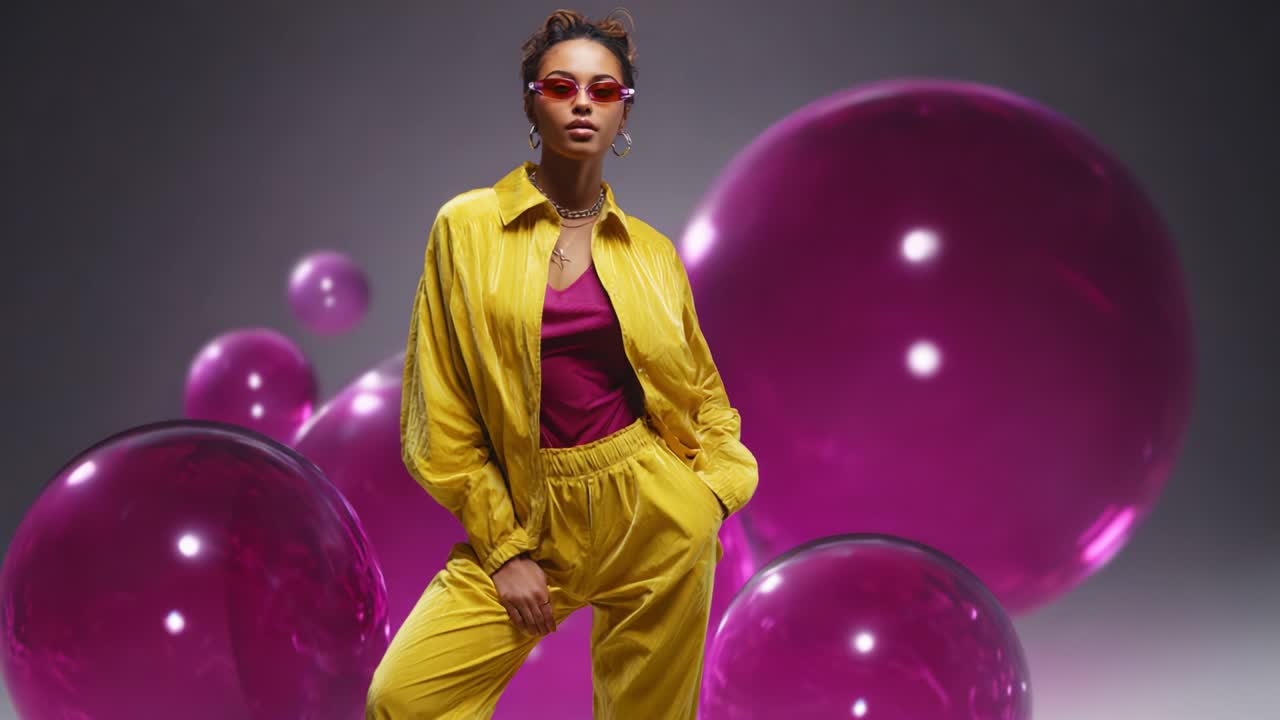 Fashionable woman in yellow suit with purple orbs