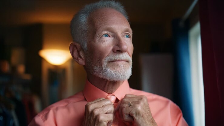 A thoughtful older gentleman adjusting his tie and preparing for an important occasion, showcasing his refined style and confidence while exuding a sense of nostalgia and elegance in a warmly lit environment