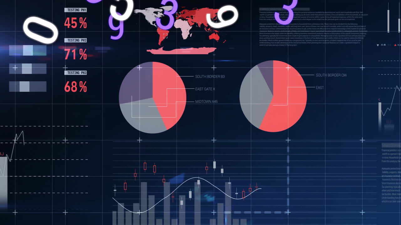 Data analytics animation with charts, graphs, and numbers over digital interface