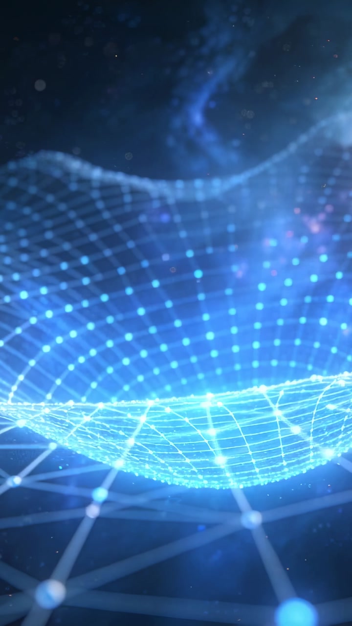 Vertical video: Rising blue grid undulating with view shifting in space, revealing pulsing nodes