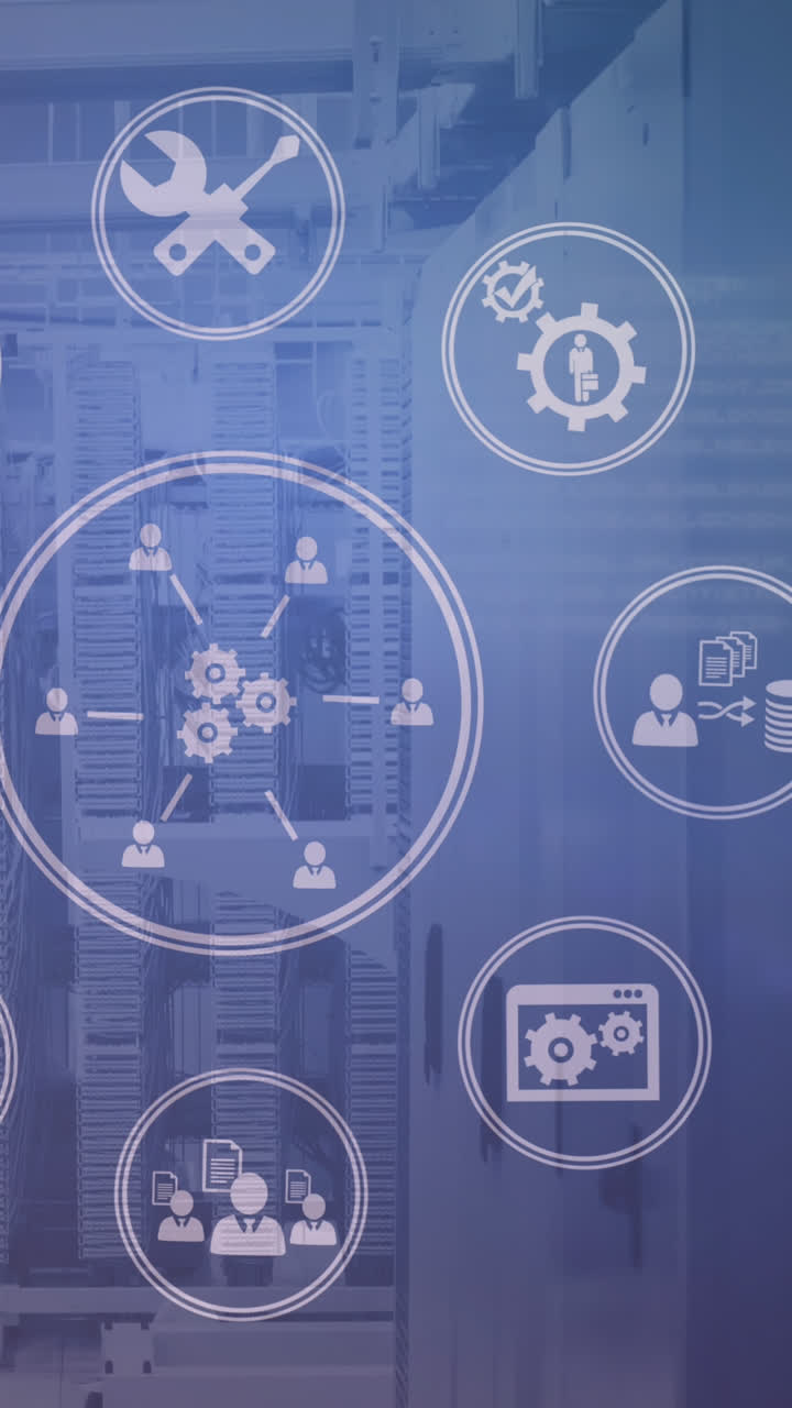 animación de iconos de medios sobre la sala del servidor