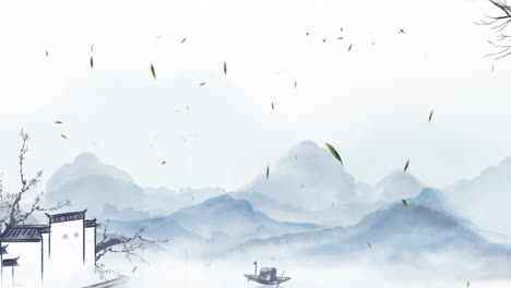 Mysterious-landscape-China's-traditional-Oriental-Digital-Art-animation,-Chinese-retro-painting-ink-misty-mountain-with-flowers,-tree,-birds,-river-in-fog-background